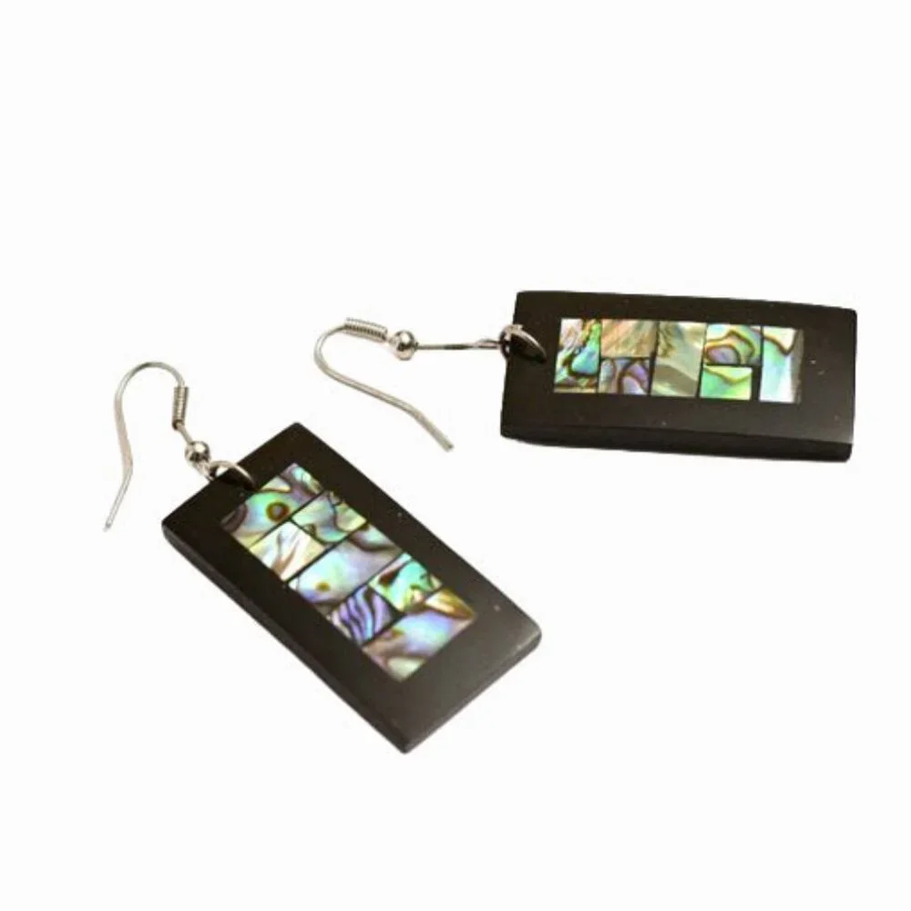 Vintage Rectangular Earrings-Black with Inlaid  Mother-of-pearl /Abalone - Picture 5 of 6